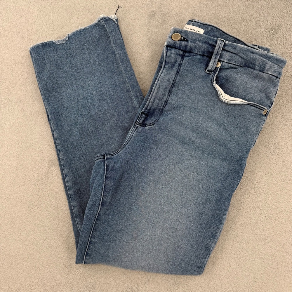 Good American High Rise Straight Leg Raw Hem Jeans Blue Women's Size 10/30